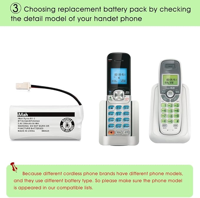 iMah Ryme B1-3 BT162342 BT262342 2.4V 300mAh Ni-MH Cordless Telephone Batteries Compatible with AT&T CL81101 EL5210 EL52400 VTech CS6409 CS6419 CS6429 CS80100 Handset, Pack of 4