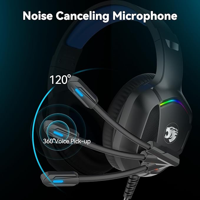 A36 Gaming Headset with Microphone for Pc, Xbox One Series X/s, Ps4, Ps5, Switch, Stereo Wired Noise Cancelling Over-Ear Headphones with Mic for Computer, Laptop, Mac, Nintendo, Gamer (Blue)