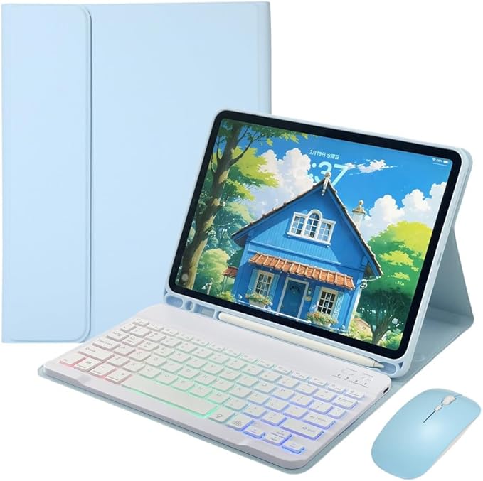 for iPad 11th (A16,2025) 11-inch, iPad 10th Gen 10.9 Inch 2022 Keyboard Case with Mouse and Rainbow Backlit Magnetic Detachable Bluetooth Keyboard Cover,Light Llue