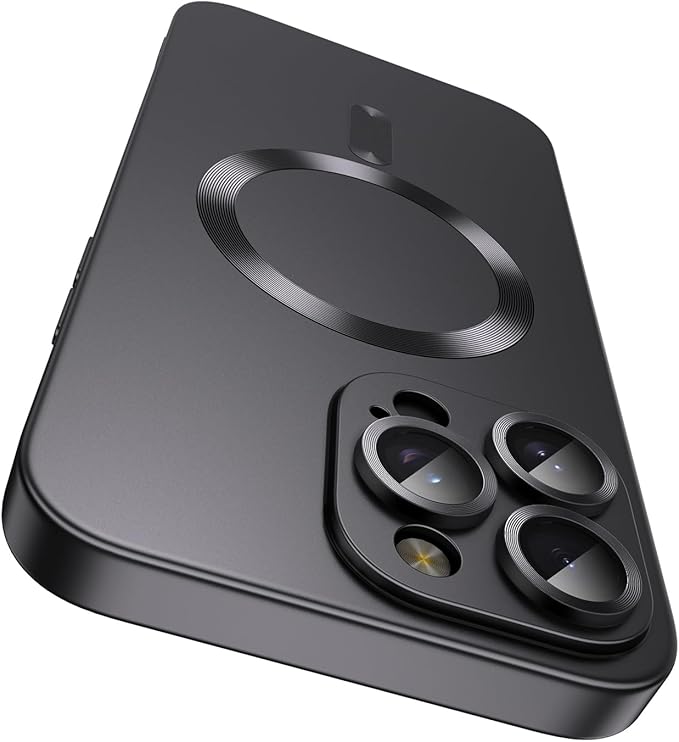 Magnetic for iPhone 16 Pro Case [Compatible with MagSafe][Built-in Camera Lens Protector] Slim Soft Silicone Bumper Shockproof Metallic Luster Phone Case (Black)