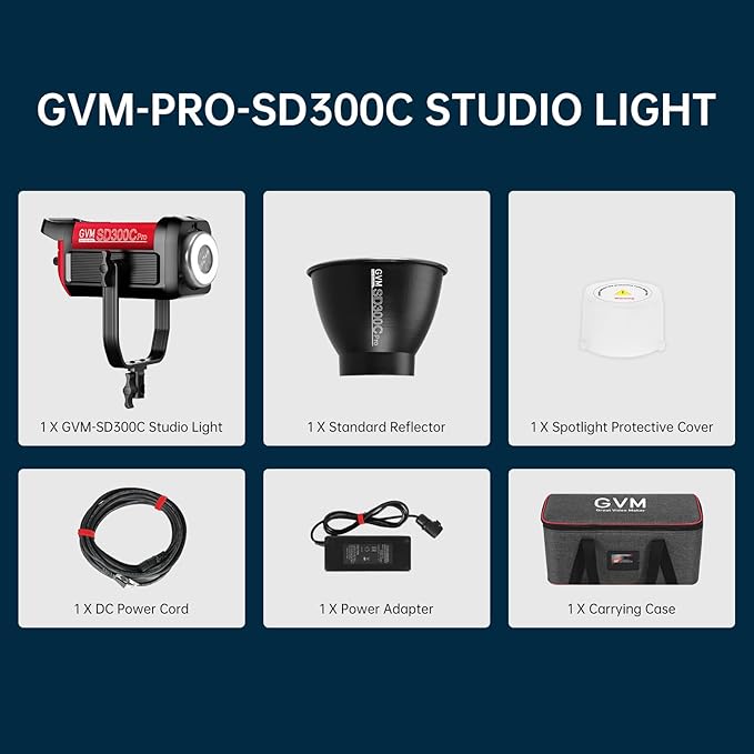 GVM 300C RGB Video Light, 300W Studio Light 2000K-10000K,48,200 Lux@ 1m with Reflector Photography Lighting with Bowens Mount & DMX Control, Studio Light for Film Recording,16 Lighting Effects