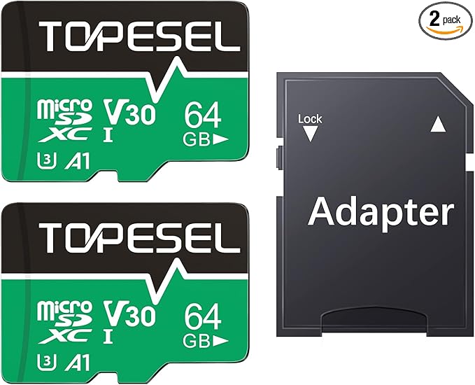 TOPESEL 64GB 2-Pack Micro SD Card, 4K Camera Pro, UHD Video for GoPro, Action Camera, Drone, Smartphone, R/W up to 90/35 MB/s MicroSDXC Memory Card UHS-I U3 A1 V30