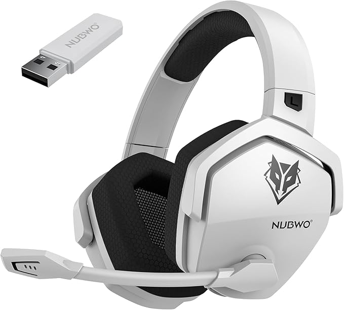 NUBWO Wireless Gaming Headset, 5.3 Bluetooth Gaming Headphones for Ps5, Ps4 Fortnite & Call of Duty/FPS Gamers, PC, Ns, 2.4GHz Headphone with 100Hr Battery, Flip Noise Canceling Microphone - White