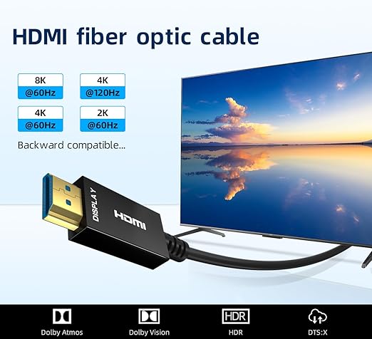 8K HDMI Fiber Optic Cable 15ft, 4K120 8K@60Hz HDMI 2.1 Cable, 48Gbps Ultra High Speed Slim HDMI Optical Audio Cable HDMI Cord, eARC HDR10 HDCP 2.2 Compatible with PS5 Xbox TV Projector.