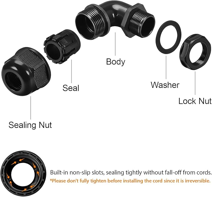 LeMotech M16 Cable Gland, 90 Degree Adjustable 6-10mm Strain Relief, Cord Connectors Nylon Joints with Gaskets, 2 Pcs, Black