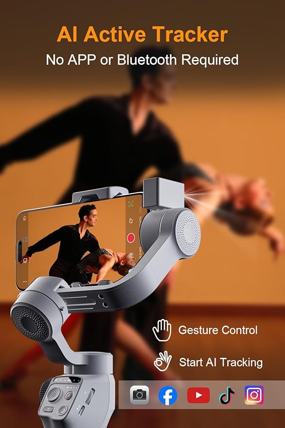 FUNSNAP C05 Kit Gimbal Stabilizer for Smartphone, iPhone Gimbal 3-Axis with Magnetic Fill Light/AI Tracking Sensor for iPhone 16 15 14 Pro Max Android Handheld Phone Gimbal for Video Recording