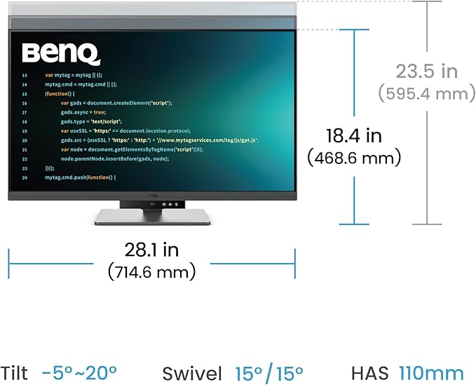 BenQ RD320U 32” 4K 3840x2160 Programming Monitor with 2000:1 Contrast Ratio, Nano Matte Panel, Backlight, 90W USB-C, Coding Modes, Night Hours Protection, Ergonomic Design, and Eye-Care Technology