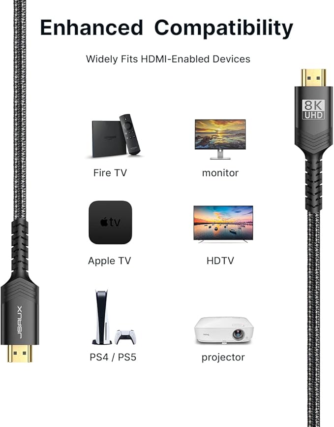 JSAUX 8K Long HDMI Cable 15ft 2-Pack 48Gbps Ultra High Speed HDMI 2.1 Braided Cord, 4K@120Hz 144Hz, 8K@60Hz, HDCP 2.2 & 2.3, HDR 10, eARC Compatible with Laptop Monitor UHD TV PS5 Dolby-Black