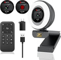 Angetube Webcam, 2K Streaming Webcam with Ring Light, HDR Laptop Camera with Remote, Dual Stereo Microphone and Privacy Cover, Auto Focus 5X Zoom in, Computer Camera for Zoom/Skype/Teams/Webex