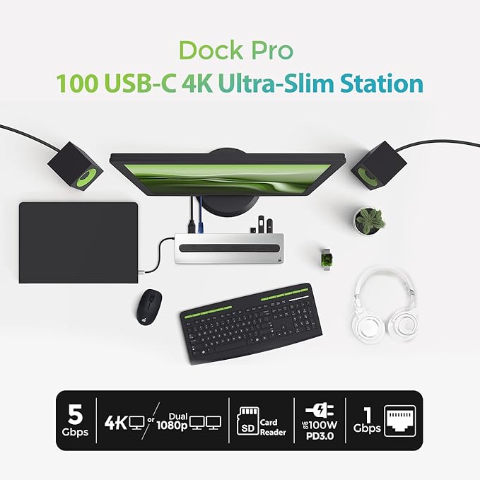 IOGEAR USB-C 8-Port Low Profile Docking Station - 4K 30Hz - 1 HDMI - 1 DisplayPort - 1 VGA - 1 Ethernet - 3 USB 3.0 A Ports - 1 USB-C 100W Charging Only - Power Adapter Not Included — GUD3C02B