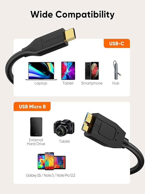 CableCreation 4FT*2 USB C to Micro B Cable,10Gbps Speed External Hard Drive Braided,USB 3.1 Type C to Micro B Work for iPhone 15/16,Seagate WD Westgate My Passport,MacBook Pro, iPad/Tablet,Black