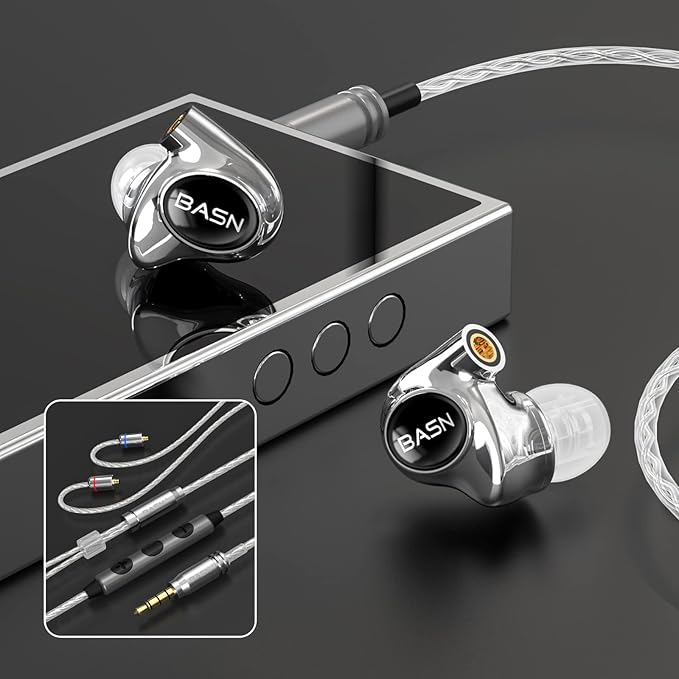 BASN Metalen PRO 4 Drivers in-Ear Monitors Headphones for Musicians, Noise Isolating Enhanced Bass Sound Earphones with CNC Metal Craft Shell, Wired Upgraded Detachable MMCX Cables(Gloss Black)