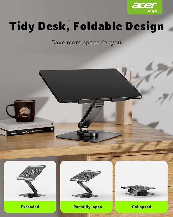 acer Laptop Stand for Desk - with 360 Swivel Base, Rotating Laptop Riser for Desk, Adjustable Computer Stand for Laptops, Ergonomic Riser Holder Foldable, Portable MacBook Pro Air (10-16") - Black