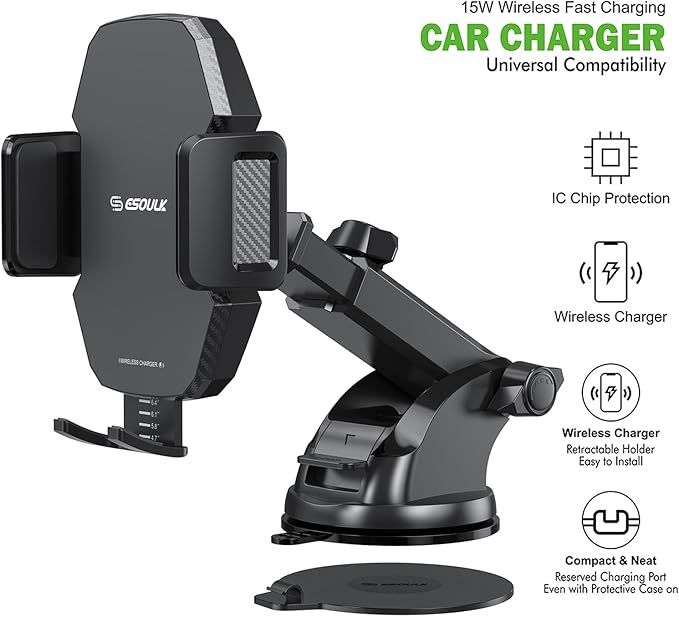 Car Phone Holder &15W Wireless Fast Charger, Auto-Clamp Qi Charging Mount, 360° Adjustable Phone Holder for iPhone/Android, Air Vent Mount with Overcharge Protection - by Esoulk