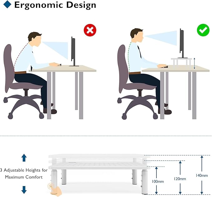 BONTEC 2 Pack 3 Height Adjustable Monitor Stand Riser with Pen Holder, Ergonomic Metal Laptop Stand with Cable Management, Desktop Stand for Computer, Printer, Monitor, Laptop, Black Steel, 14.5 in