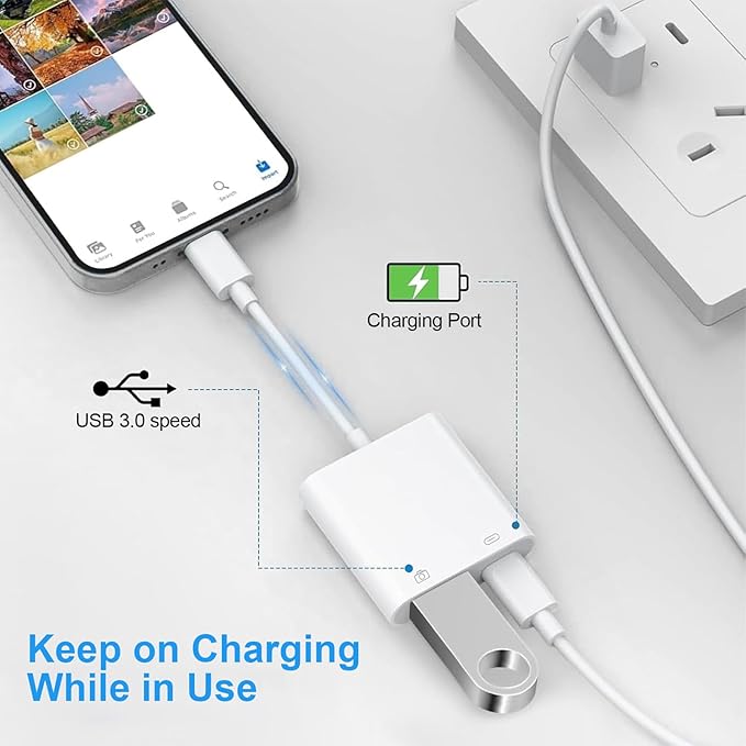 Lightning to USB Camera Adapter for iPhone, [Apple MFi Certified] USB3.0 Female Adapter for iPad with Charging Port, Plug and Play OTG Converter Support Card Reader USB Flash Drives Keyboard