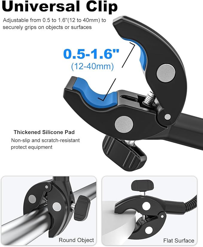 Gooseneck Clamp Camera Mount with 1/4“ 3/8" 5/8" Screw, Go Pro Mounts for Handlebar, Desk, Tube, Cross Bar, Compatible with GoPro Hero 13/Baby Monitor/Logitech Webcam/Insta 360/Field Monitor