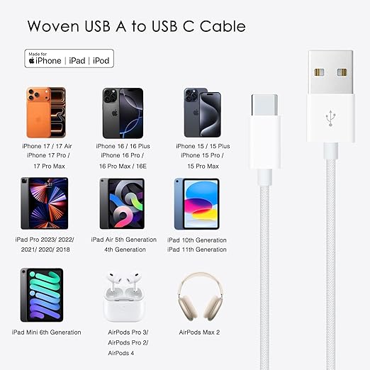 iPhone 15/16/16E/17 USB A to USB C Woven Cable for iPhone 17Air, 15 16 Pro Max, 15/16 Plus, iPad 10th Gen,iPad Pro 12.9/11,iPad Air 5th/4th Gen,Mini 6th Type-c Charger Cord,Car CarPlay Charging Cable