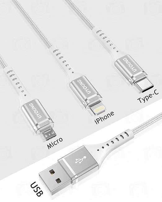Multi Charging Cable 2Pack 4FT, 3 in 1 Charger Cable Braided Universal Phone Charging Cord with Lightning/Type C/Micro USB Ends, Multiple USB Cable for iPhone 16 15/Samsung/Google Cell Phones and More