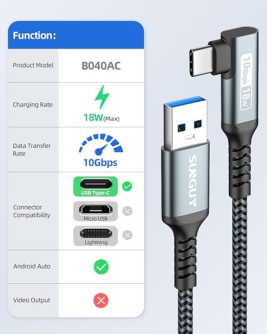 SUNGUY USB C Cable Right Angle 4FT, 10Gbps USB 3.1 Gen 2 to USB C Data Cable Compatible with iPhone 16/15 Series, Android Auto, Samsung Galaxy S24/S23, SSD, Huawei P30/P20, i-Pad Pro-Grey