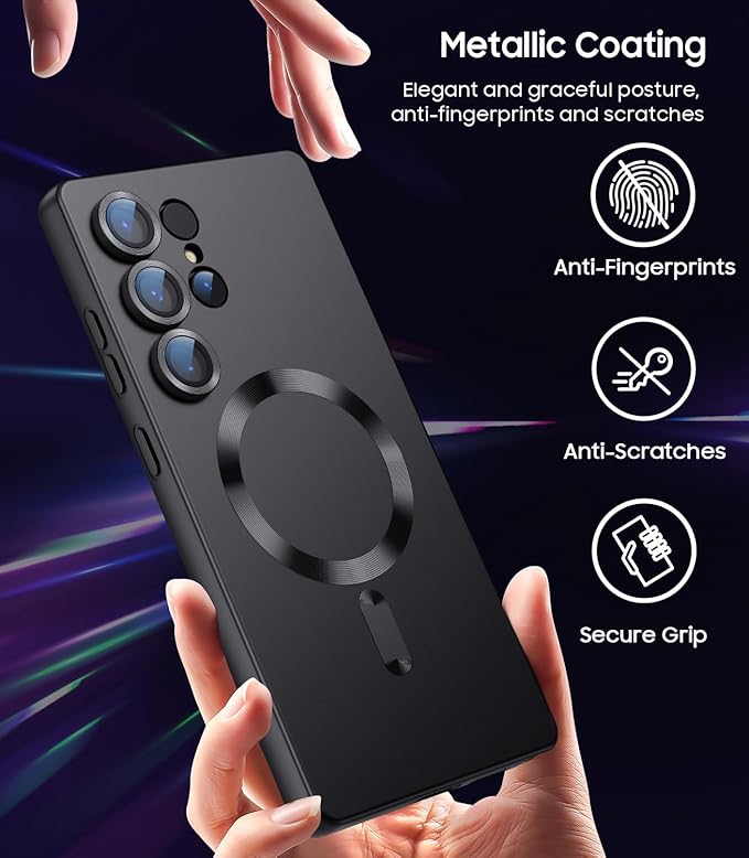 Magnetic for Samsung Galaxy S25 Ultra Case [Compatible with MagSafe][Built-in Camera Lens Protector] Slim Soft Silicone Bumper Shockproof Metallic Luster Phone Shell (Black)