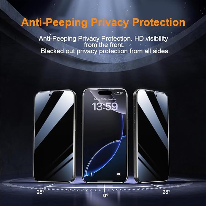 OneFish Privacy Screen Protector for IPhone 16e/14/13/13Pro Anti-Spy Tempered Glass Dust-Free Bubble-Free Anti-Fingerprint 9H Scratch Protection & Hassle-Free Installation Frame [2-Pack]