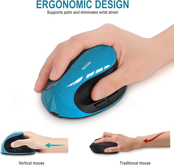 Vassink Ergonomic Mouse, Rechargeable Wireless Mouse Right Handed Small Mouse with 6 Buttons for Laptop,Desktop,PC, MacBook（Blue）