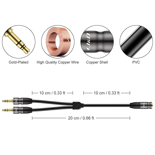 J&D 3.5 mm to 2X 3.5 mm Cable, Gold Plated Joint Copper Shell Heavy Duty 3.5mm 1/8 inch TRS Female to Dual 3.5 mm 1/8 inch TRS Male Y-Splitter Stereo Audio Adapter Cable, 0.65 Feet
