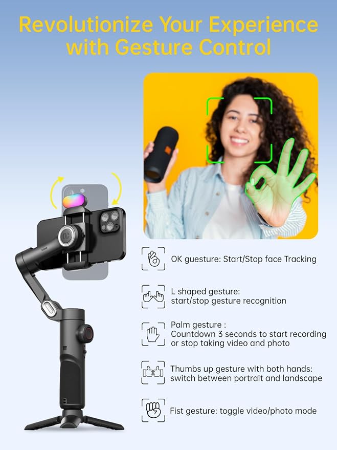3-Axis Gimbal Stabilizer for Smartphone with RGB Magnetic Fill Light Upgraded Face Tracking Focus Wheel Foldable iPhone Gimbal for iPhone/Android Phone Stabilizer Vlog Recording Smart XE Kit
