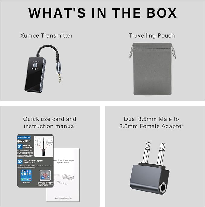 Xumee Airplane Bluetooth 5.2 Transmitter for 2 AirPods or Headphones, aptX Low Latency, 3.5mm AUX Jack & Bluetooth Receiver – Wireless Audio Adapter for Plane Travel, TV, Gym,Car,Speakers (Grey)