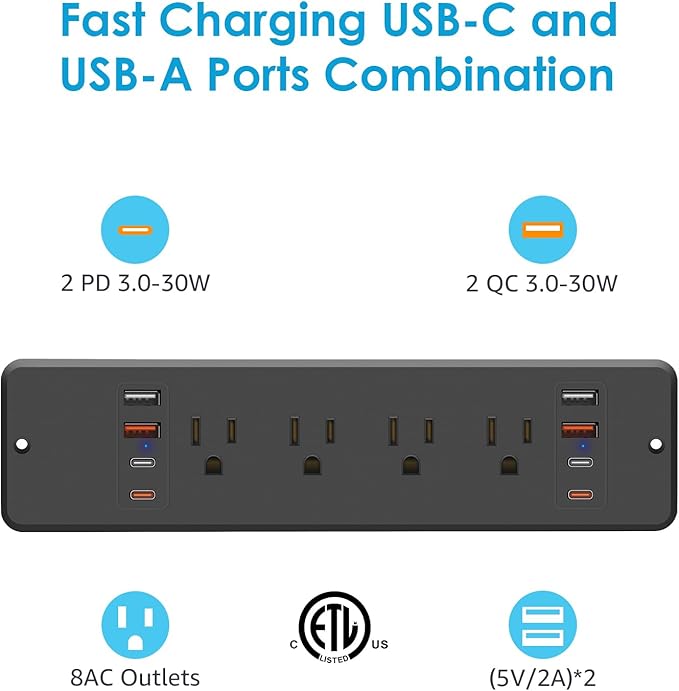 HHSOET 8 Outlet Recessed Power Strip, 30W Fast Charging Furniture Power Outlet USB C, Flush Mount Surge Protection Socket with 4 USB-A and 4 USB-C, 10ft Power Cord. (Black)