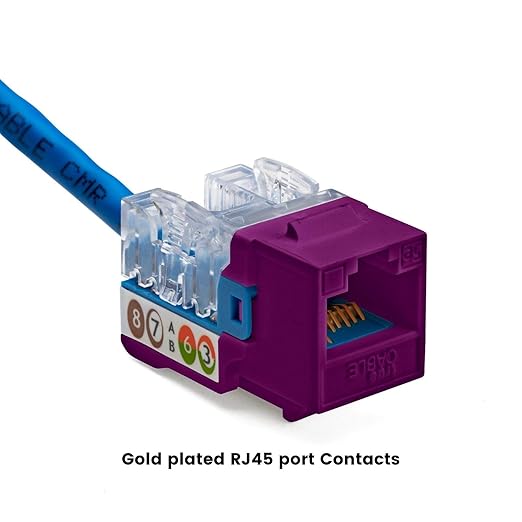 trueCABLE Cat5e Keystone Jack, Unshielded (UTP), 90 Degree Punch-Down, PoE++ (4PPoE) 100W, UL Listed, ETL Verified, ANSI/TIA Certified, Modular RJ45 Female, Purple, 12 Pack