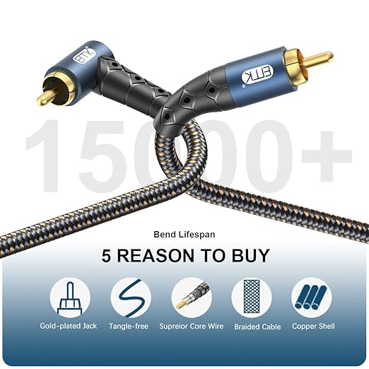 EMK RCA Subwoofer Cable 90 Degree RCA to RCA Audio Cable 24K Gold-Plated Nylon Braided Double Shielded Digital Analogue Supports Amplifiers,Home Theater,Hi-Fi Systems,Subwoofer(6.6ft/2m)