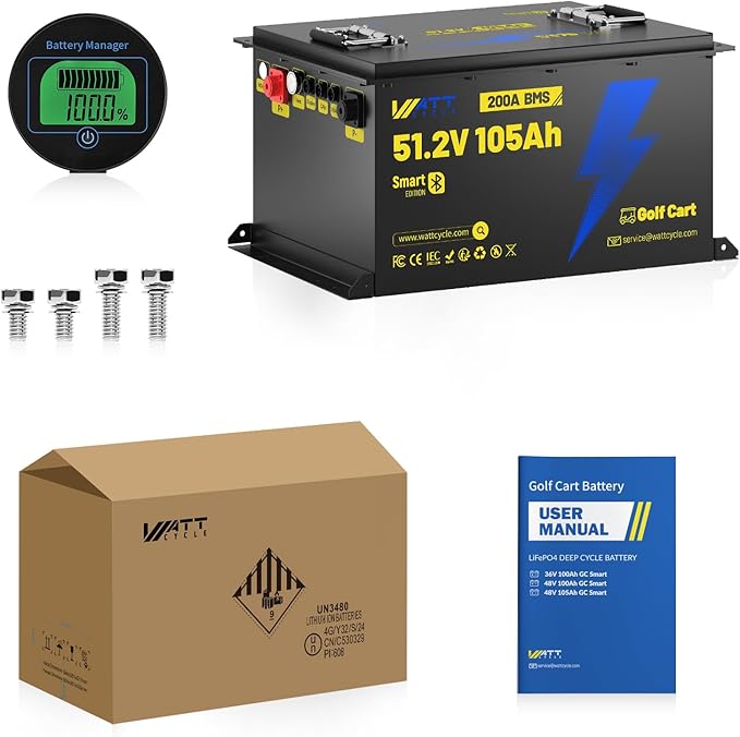48 Volt Golf Cart Batterys 200A BMS, 48V 105Ah LiFePO4 Lithium Battery with Bluetooth & LCD display, 15000 deep Cycles, Range of 70 Miles 600A Peak Current for Golf Cart