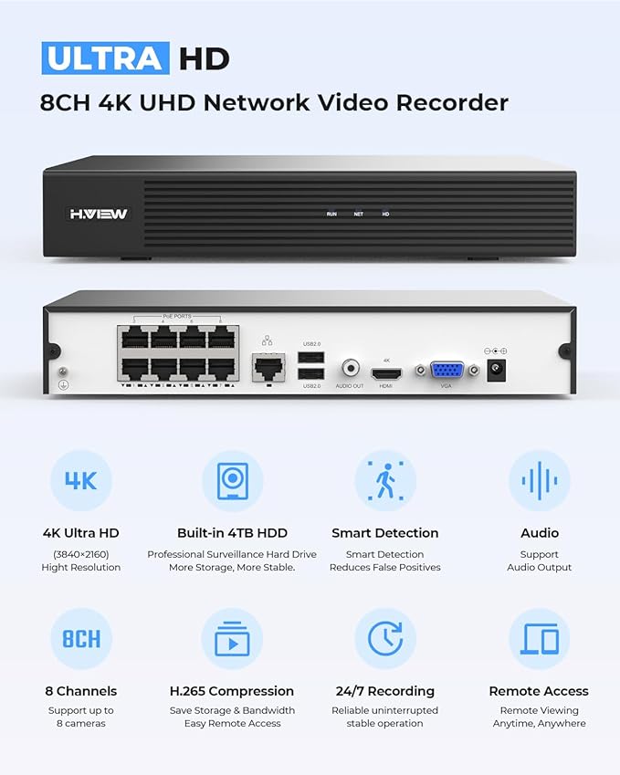 H.VIEW 4K/8.0 Megapixel PoE Outdoor Home Security Camera System Wired Outdoor Video Surveillance IP Cameras System，Ultra Wide-Angle &Audio，8CH NVR 4TB HDD