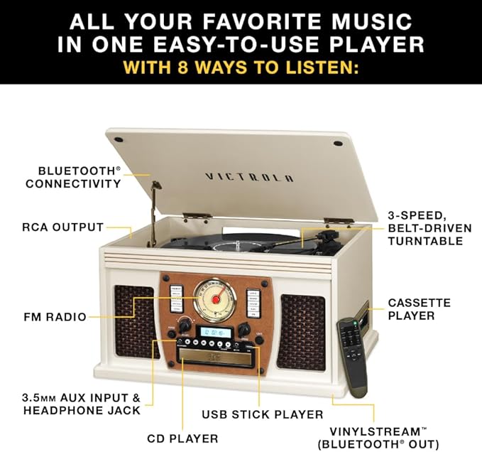 Victrola Navigator 8-in-1 Bluetooth Record Player with Built-in Speakers – 3 Speed Turntable, CD Player, Cassette, FM Radio, USB, RCA Out, Headphone Jack, Wireless Music Streaming, Real Wood (Black)
