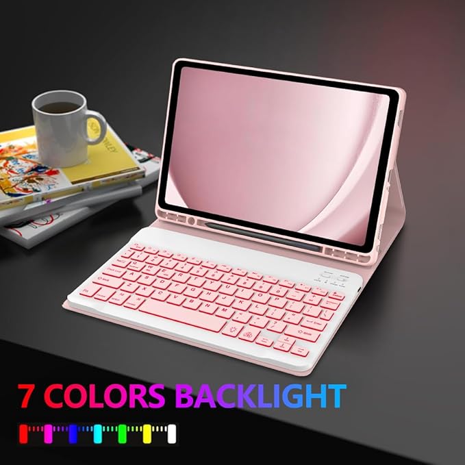 Galaxy Tab A9 Plus Case with Keyboard 5G 11 Inch 2023 (SM-X210/X216/X218), 7 Color Backlit Detachable Tablet Keyboard Cover with S Pen Holder for Samsung Galaxy Tab A9+ 11" (Pink)