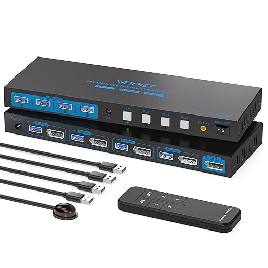 8K@60Hz DisplayPort KVM Switch 4 Computers 1 Monitor USB3.0 4K120Hz 4 Ports DP KVM Switches 4 in 1 Out for 4 Computers Share 1 Monitor and Keyboard Mouse etc. with 4 USB Cable and Controller