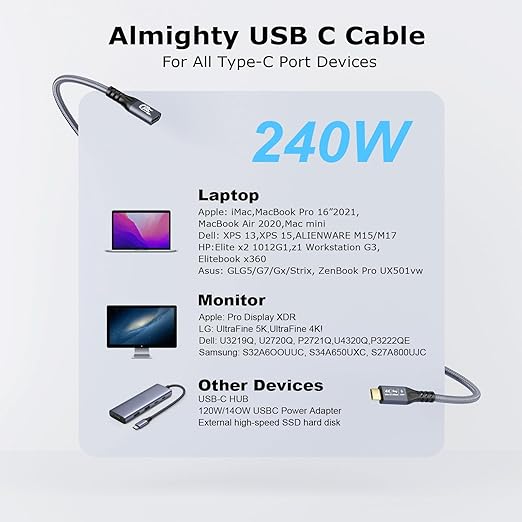Type C Cable, 240W 48V/5A USBC to USB C 3.2 Gen2×2 Extension Cable, 20Gps Male Female Extender Cable, 4K@60Hz Dual C Video Cord for MacBook Pro, Dell, Arzopa, Galaxy, Portable Monitor