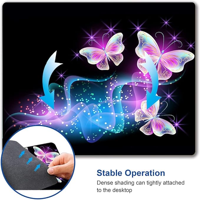 IMAYONDIA Glowing Night Pink Butterflies Mouse Mat - Square Waterproof Non-Slip Rubber Base Mouse Pad for Computer Laptop