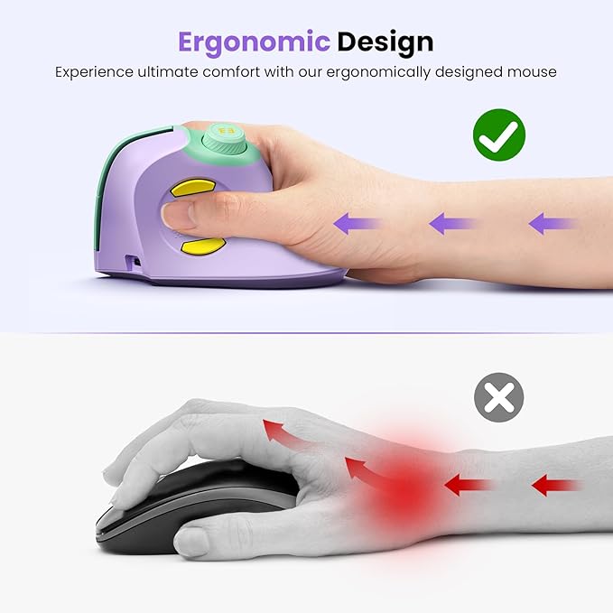 seenda Ergonomic Mouse Rechargeable, USB+Dual Bluetooth, MOU-302 Vertical Wireless Mouse with Volume Knob, Quiet Clicks, Multi-Device Cordless Mice Compatible for Windows, PC, Laptop, Mac OS, Purple