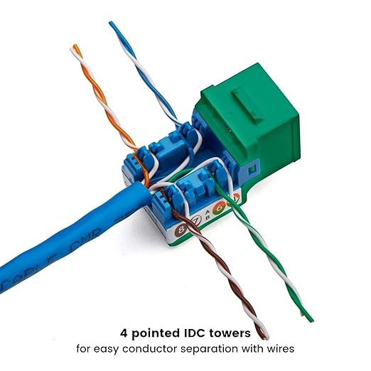 trueCABLE Cat5e Keystone Jack, Unshielded (UTP), 90 Degree Punch-Down, PoE++ (4PPoE) 100W, UL Listed, ETL Verified, ANSI/TIA Certified, Modular RJ45 Female, Green, 12 Pack