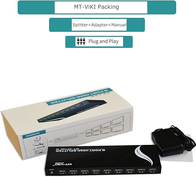 MT-VIKI 4K 1x8 HDMI Splitter 1 in 8 Out, 8 Port Powered HDMI Splitter Multi Monitor Outputs 3D 4Kx2K@30Hz for Projector, HDTV