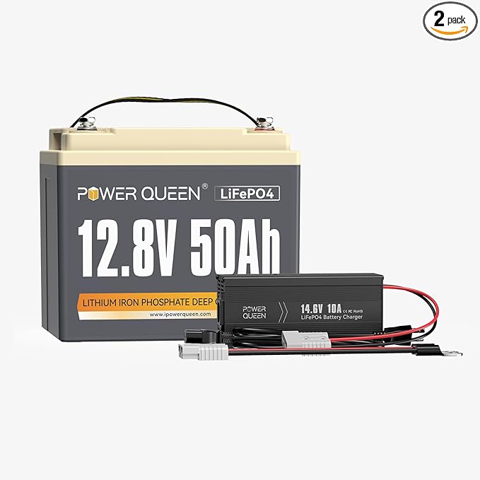 Power Queen 12V 50Ah LiFePO4 Battery with 14.6V 10A LiFePO4 Battery Charger, Built-in 50A BMS, Fast and Fully Charged, 15000+ Cycles, Perfect for Kayak Trolling Motor, RV Trailer, Solar Application