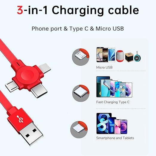 Three in One Charging Cable Cord. 3 in 1 Charging Cable Retractable. Compatible USB C(Type-C)/Micro USB/IP, Compatible with Phone, Android, Tablet (Blue)