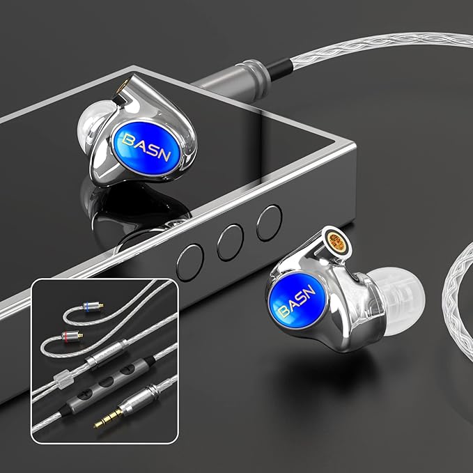 BASN Metalen PRO 4 Drivers in-Ear Monitors Headphones for Musicians, Noise Isolating Enhanced Bass Sound Earphones with CNC Metal Craft Shell, Wired Upgraded Detachable MMCX Cables(Sapphire)