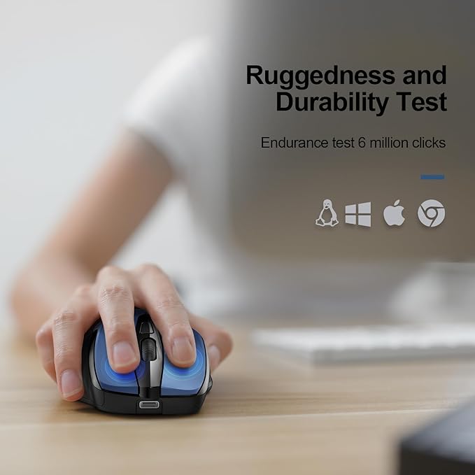 TECKNET Rechargeable Wireless Mouse, 2.4G Silent Mouse, Quiet Click, 6 Adjustable 4800 DPI, Cordless Computer Mice, Ergonomic Mice for Laptop, 6 Buttons USB-A for Chromebook, Ergo Grip - Blue