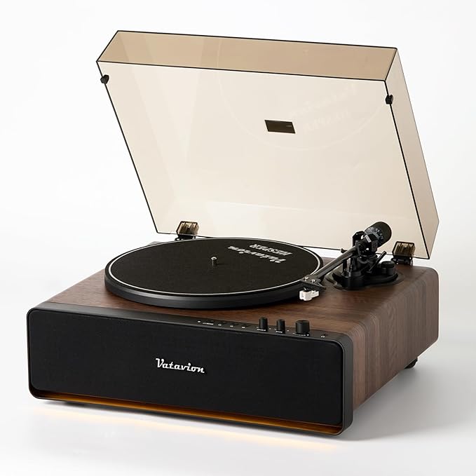 Vinyl Record Player, High Fidelity Belt Drive Turntable for Vinyl Records 33/45 RPM with MM Cartridge AT-3600L, Phono Preamp, Bluetooth Record Player with LED Light, Auto Off (Walunt Wood)