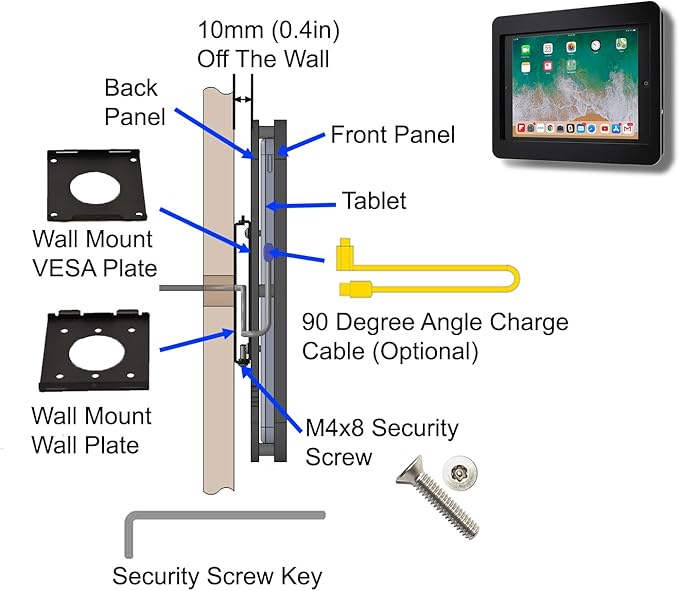 TABcare Anti-Theft Acrylic VESA Enclosure for Apple iPad Pro 11" 2024 (5th gen) with Free Wall Mount Kit & 90-Degree Angle USB C Cable (iPad Pro 11 2024, Black)