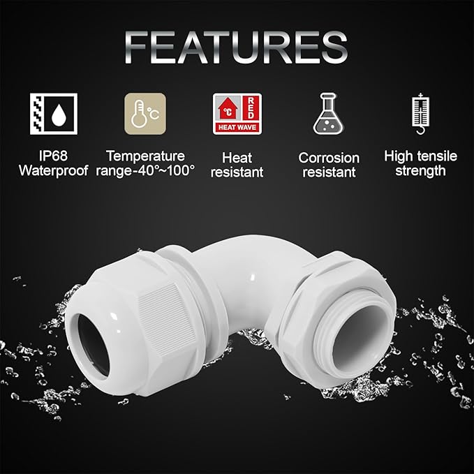 LeMotech M25 Cable Gland, 90 Degree Adjustable 13-18mm Strain Relief, Cord Connectors Nylon Joints with Gaskets, 2 Pcs, Grey